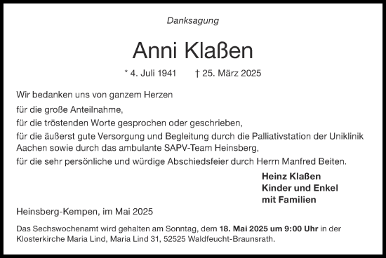 Traueranzeige von Anni Klaßen von Zeitung am Sonntag