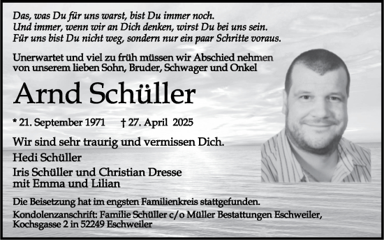 Traueranzeige von Arnd Schüller von Zeitung am Sonntag