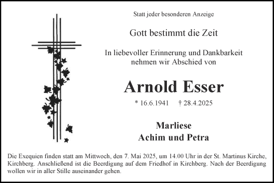 Traueranzeige von Arnold Esser von Zeitung am Sonntag