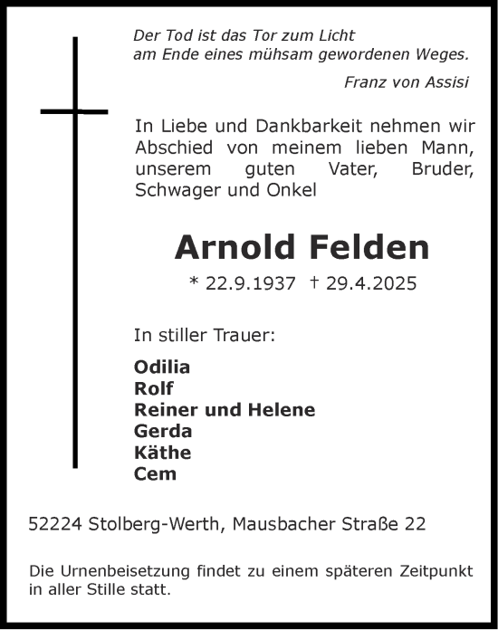 Traueranzeige von Arnold Felden von Zeitung am Sonntag
