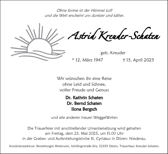 Traueranzeige von Astrid Kreuder-Schaten von Zeitung am Sonntag