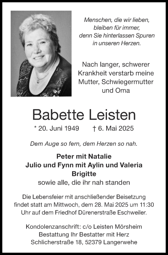 Traueranzeige von Babette Leisten von Zeitung am Sonntag
