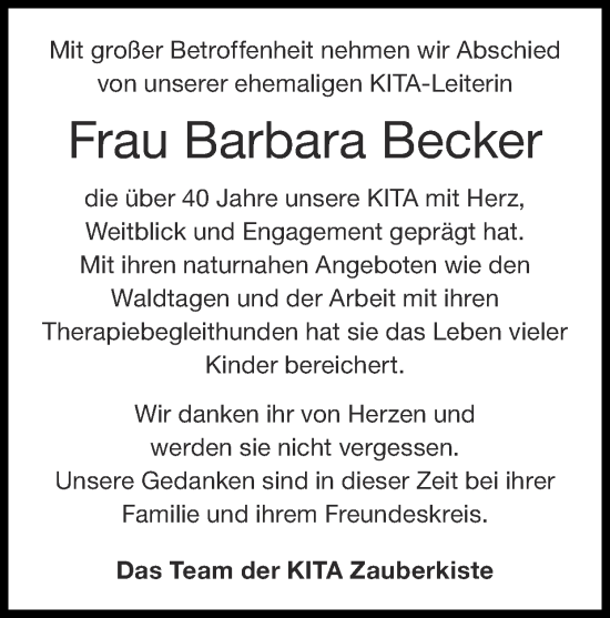 Traueranzeige von Barbara Becker von Zeitung am Sonntag