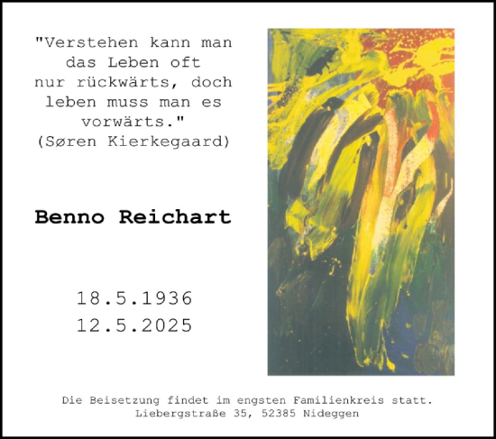 Traueranzeige von Benno Reichart von Zeitung am Sonntag