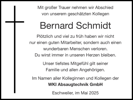Traueranzeige von Bernard Schmidt von Zeitung am Sonntag