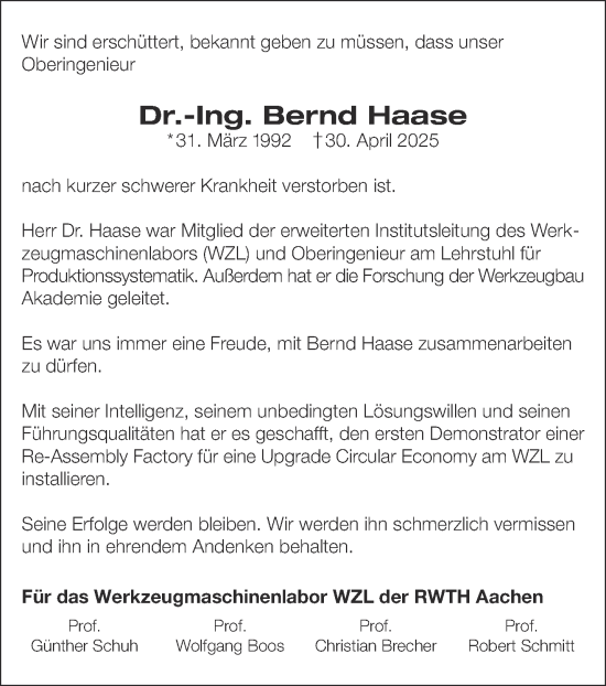 Traueranzeige von Bernd Haase von Aachener Zeitung