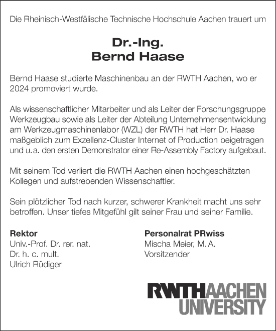 Traueranzeige von Bernd Haase von Aachener Zeitung