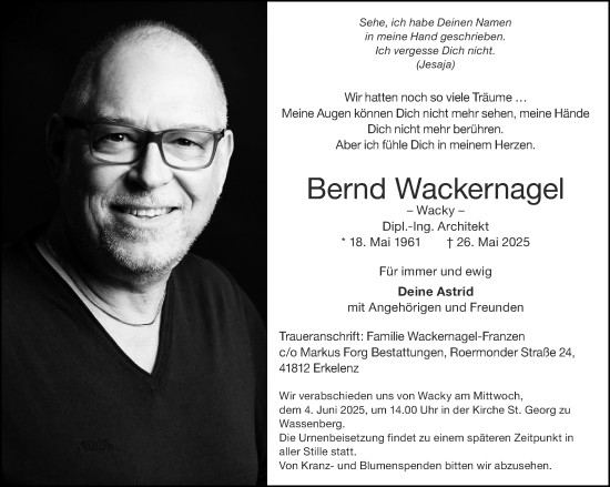 Traueranzeige von Bernd Wackernagel von Aachener Zeitung