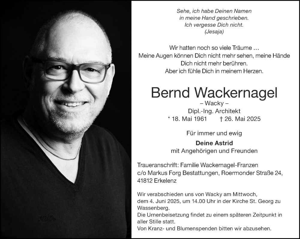  Traueranzeige für Bernd Wackernagel vom 31.05.2025 aus Aachener Zeitung