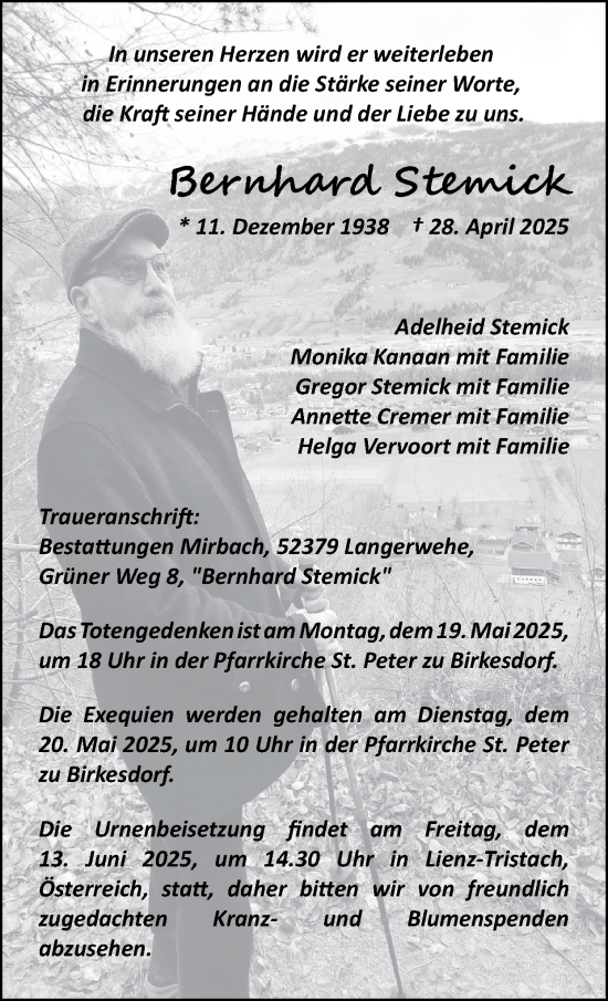 Traueranzeige von Bernhard Stemick von Zeitung am Sonntag