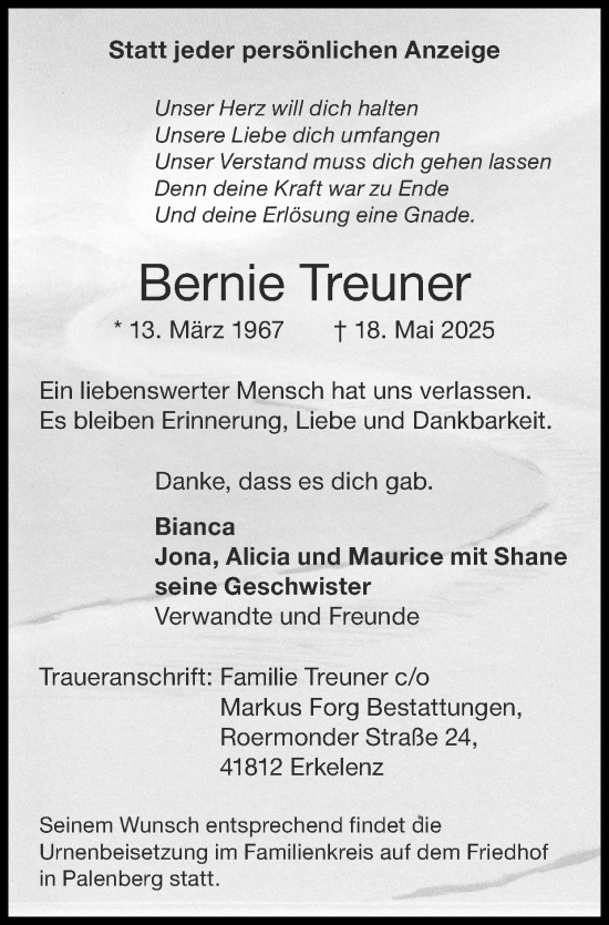Traueranzeige von Bernie Treuner von Zeitung am Sonntag