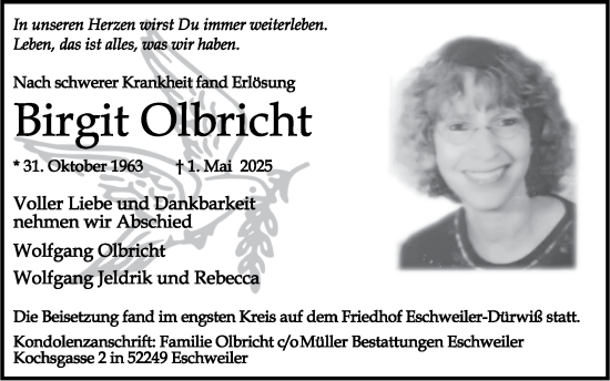 Traueranzeige von Birgit Olbricht von Zeitung am Sonntag