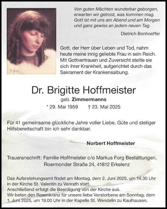 Traueranzeige von Brigitte Hoffmeister von Zeitung am Sonntag