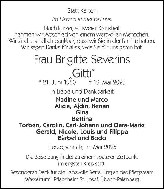 Traueranzeige von Brigitte Severins von Zeitung am Sonntag