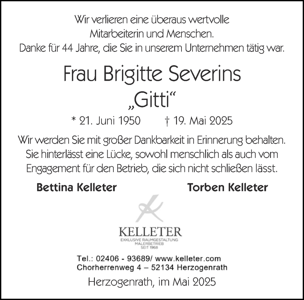  Traueranzeige für Brigitte Severins vom 24.05.2025 aus Aachener Zeitung