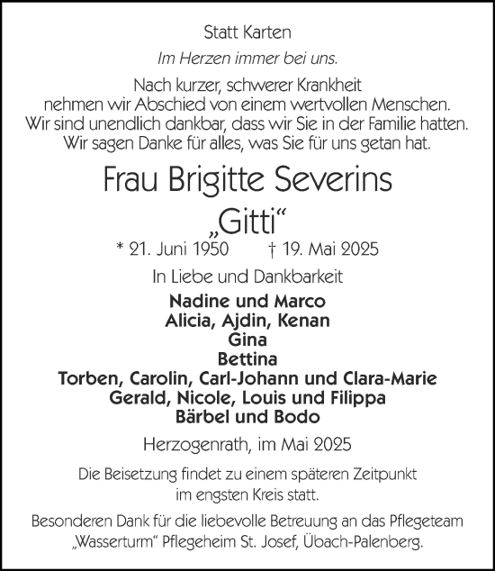 Traueranzeige von Brigitte Severins von Aachener Zeitung