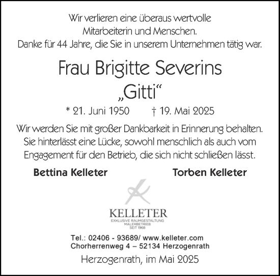 Traueranzeige von Brigitte Severins von Zeitung am Sonntag