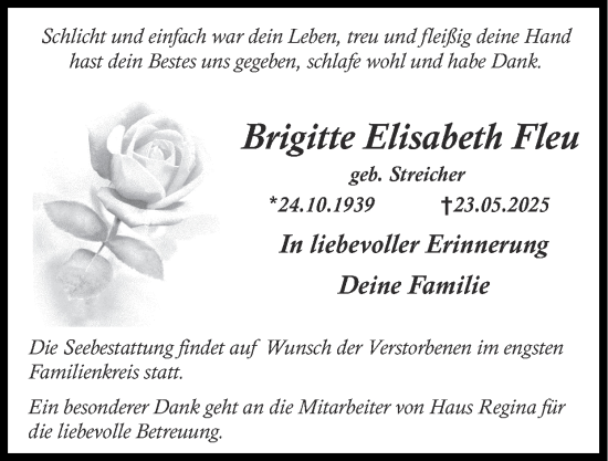 Traueranzeige von Brigitte Elisabeth Fleu von Zeitung am Sonntag