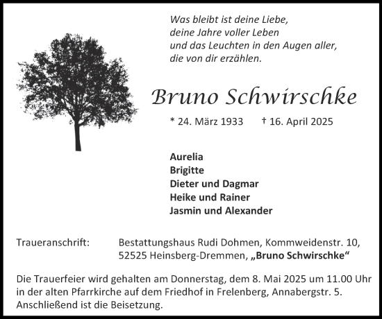Traueranzeige von Bruno Schwirschke von Zeitung am Sonntag