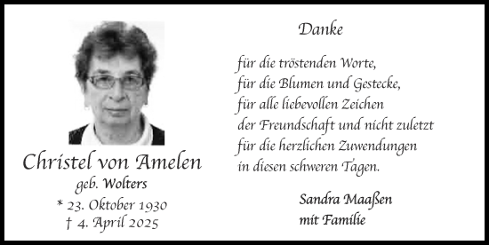 Traueranzeige von Christel von Amelen von Zeitung am Sonntag