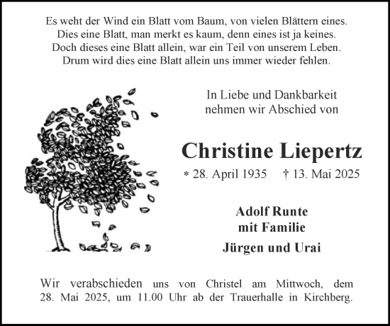 Traueranzeige von Christine Liepertz von Zeitung am Sonntag