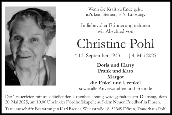 Traueranzeige von Christine Pohl von Zeitung am Sonntag