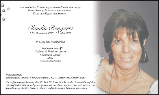 Traueranzeige von Claudia Bongartz von Zeitung am Sonntag