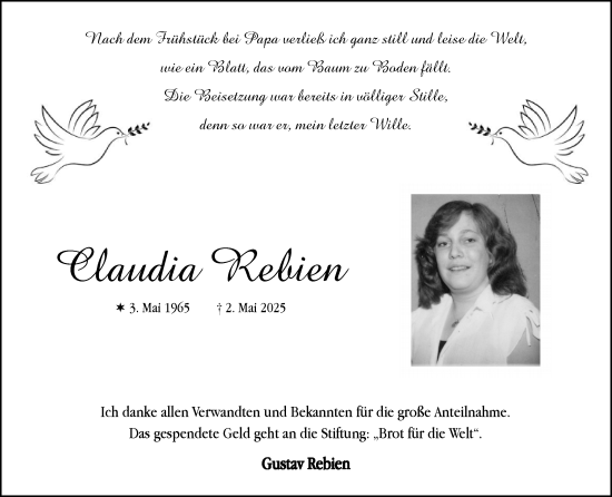 Traueranzeige von Claudia Rebien von Zeitung am Sonntag