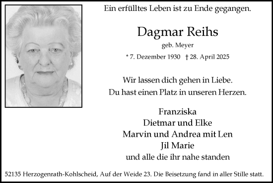 Traueranzeige von Dagmar Reihs von Zeitung am Sonntag