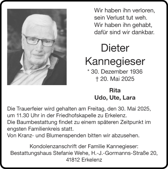 Traueranzeige von Dieter Kannegieser von Zeitung am Sonntag