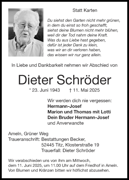 Traueranzeige von Dieter Schröder von Zeitung am Sonntag