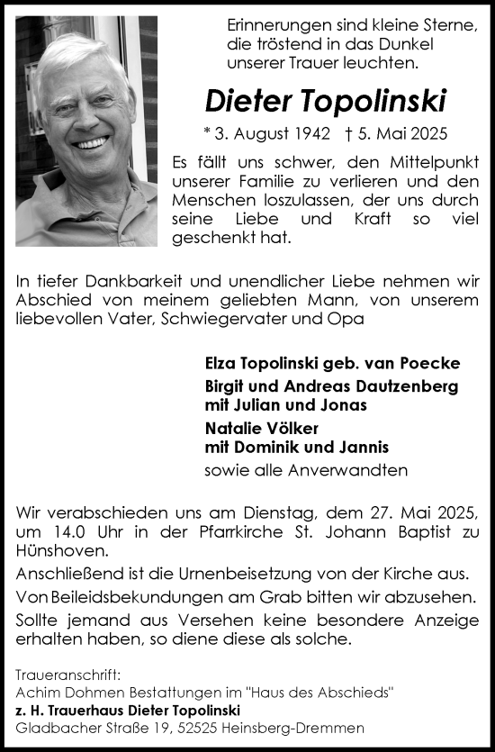 Traueranzeige von Dieter Topolinski von Zeitung am Sonntag