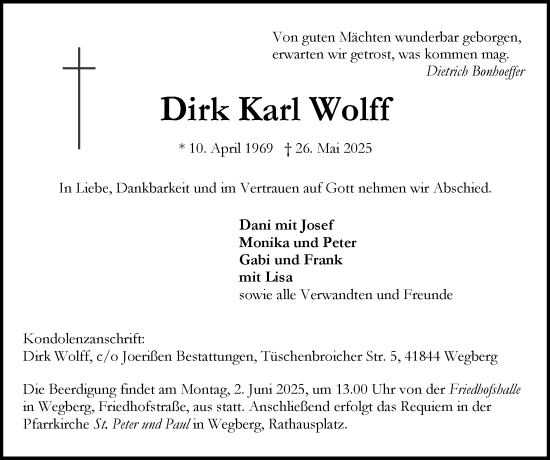 Traueranzeige von Dirk Karl Wolff von Zeitung am Sonntag