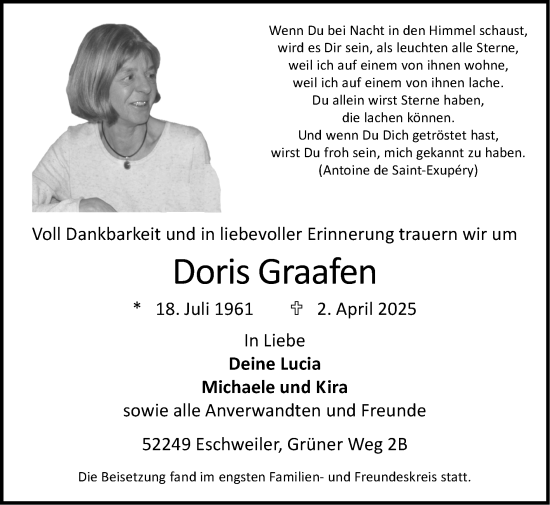 Traueranzeige von Doris Graafen von Zeitung am Sonntag