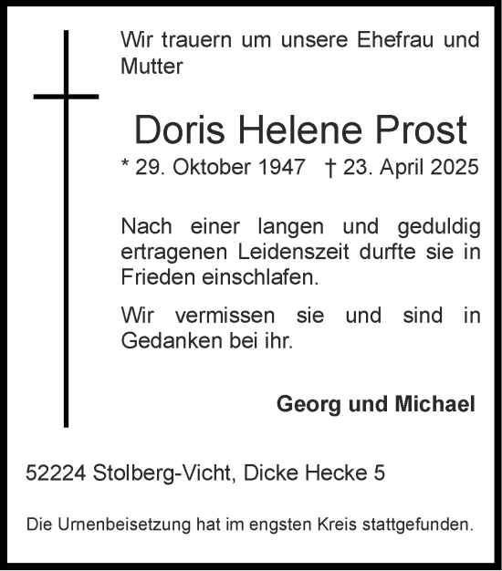 Traueranzeige von Doris Helene Prost von Zeitung am Sonntag