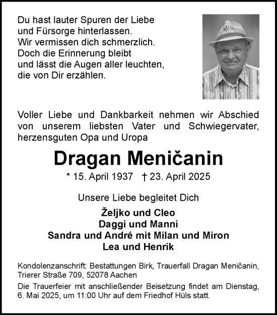 Traueranzeige von Dragan Menicanin von Zeitung am Sonntag