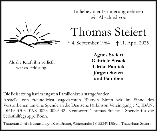 Traueranzeige von Thomas Steiert von Zeitung am Sonntag