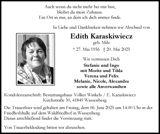 Traueranzeige von Edith Karaskiwiecz von Zeitung am Sonntag