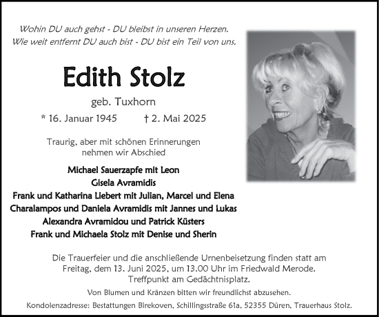 Traueranzeige von Edith Stolz von Zeitung am Sonntag