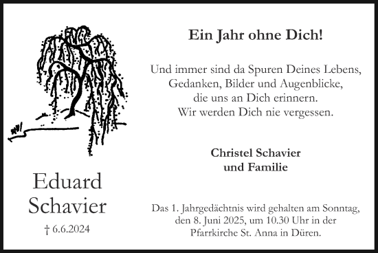 Traueranzeige von Eduard Schavier von Zeitung am Sonntag