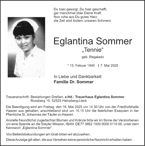 Traueranzeige von Eglantina Sommer von Zeitung am Sonntag