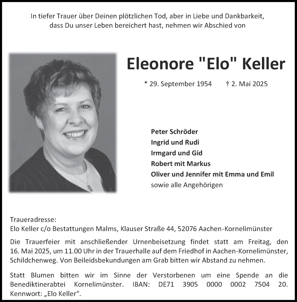  Traueranzeige für Eleonore Keller vom 10.05.2025 aus Aachener Zeitung