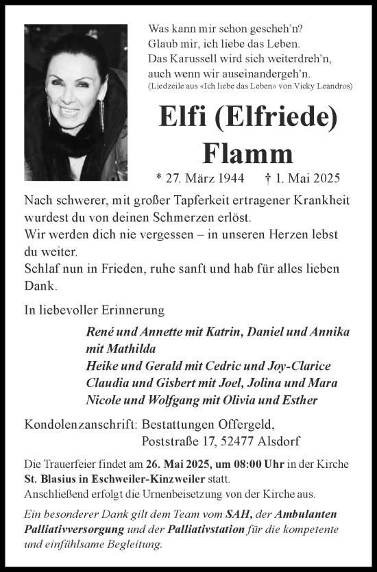 Traueranzeige von Elfi Flamm von Zeitung am Sonntag