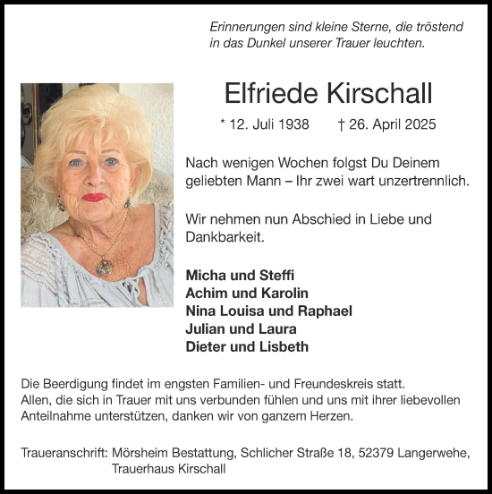 Traueranzeige von Elfriede Kirschall von Zeitung am Sonntag