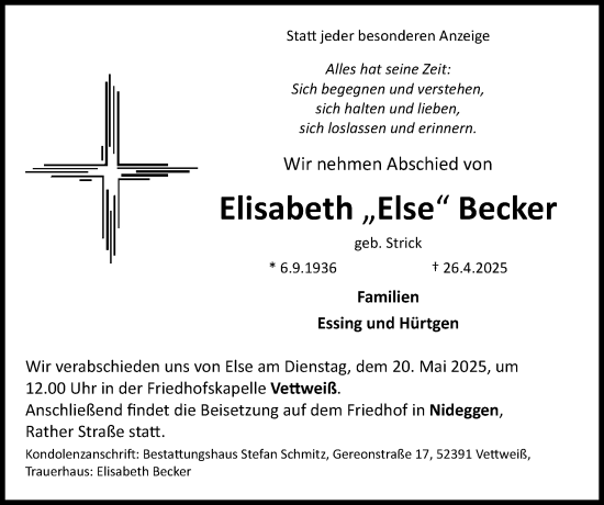 Traueranzeige von Elisabeth Becker von Zeitung am Sonntag