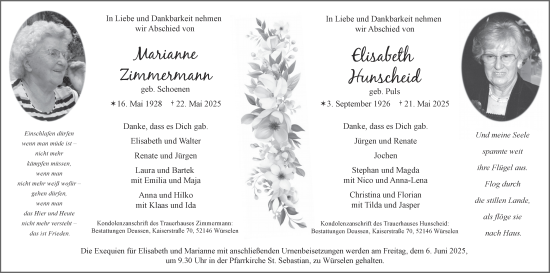 Traueranzeige von Elisabeth Hunscheid von Zeitung am Sonntag