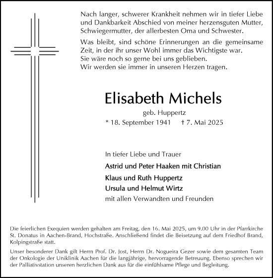 Traueranzeige von Elisabeth Michels von Aachener Zeitung