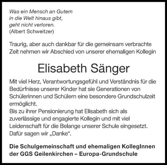 Traueranzeige von Elisabeth Sänger von Aachener Zeitung