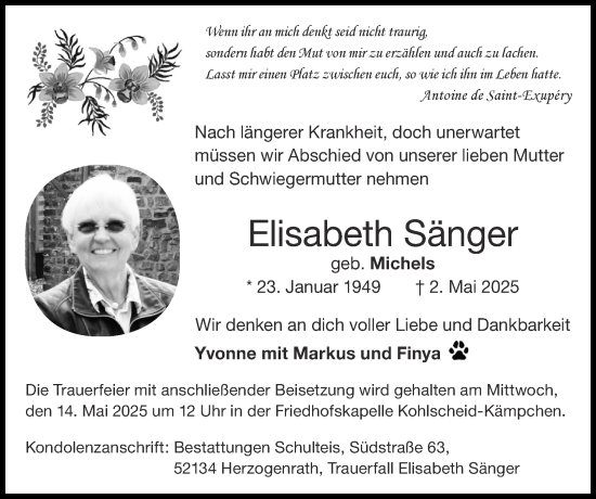 Traueranzeige von Elisabeth Sänger von Zeitung am Sonntag