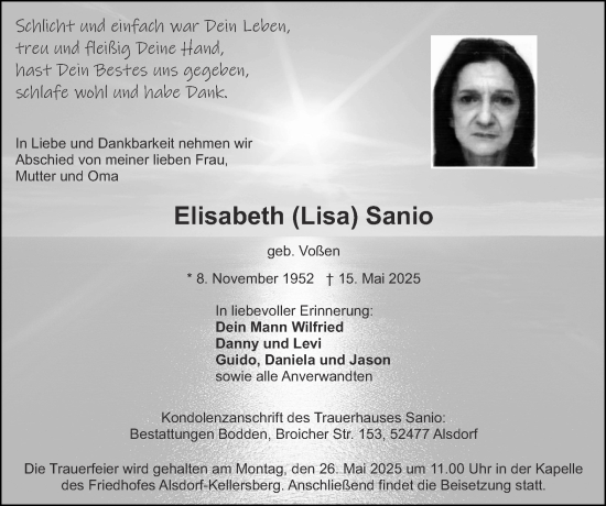 Traueranzeige von Elisabeth Sanio von Zeitung am Sonntag